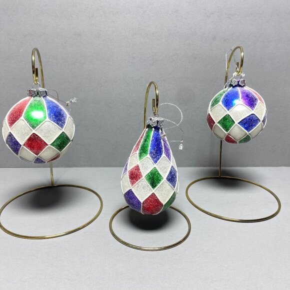 Christmas Ornaments 3 PC Set Multicolored Plastic Ball and Teardrop W/ Sparkles - Picture 1 of 10